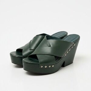 Uterque‎ Green Leather Platform Clog Sandals Studded Wood Heel EU 38 US 8